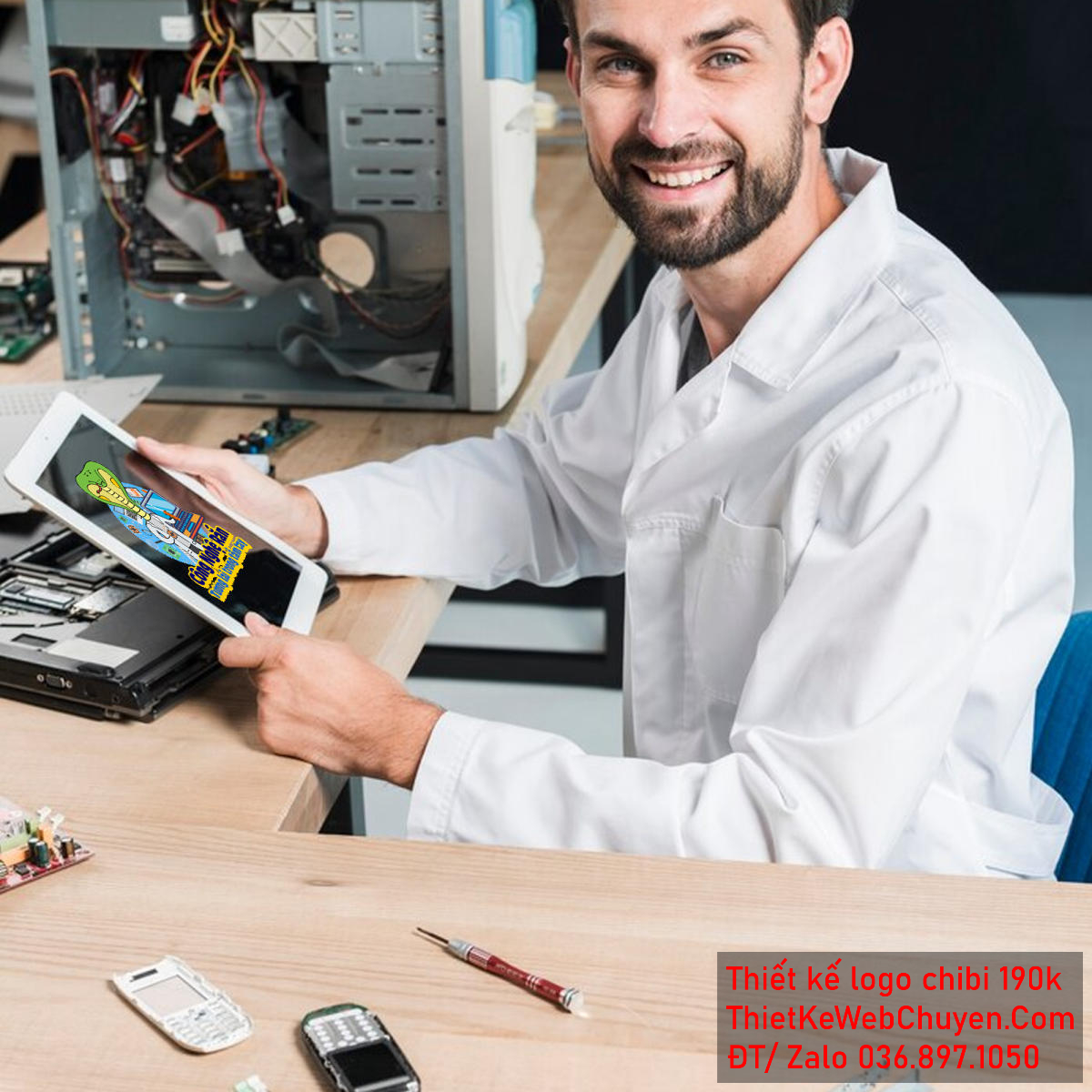 Vẽ chibi chú rắn đầu xanh thân vàng đang thí nghiệm công nghệ để thiết kế logo - Góc nhìn 3