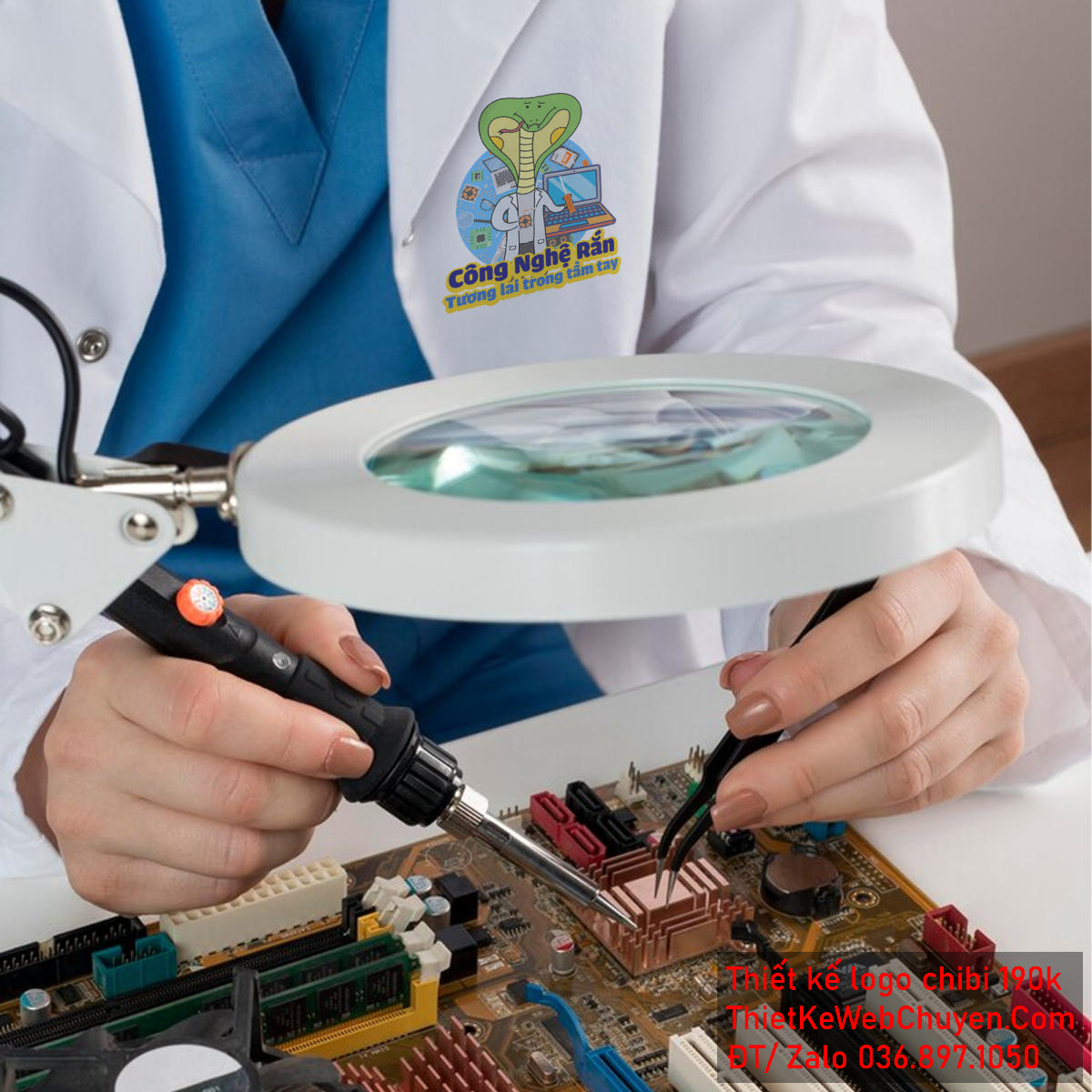 Vẽ chibi chú rắn đầu xanh thân vàng đang thí nghiệm công nghệ để thiết kế logo - Góc nhìn 4