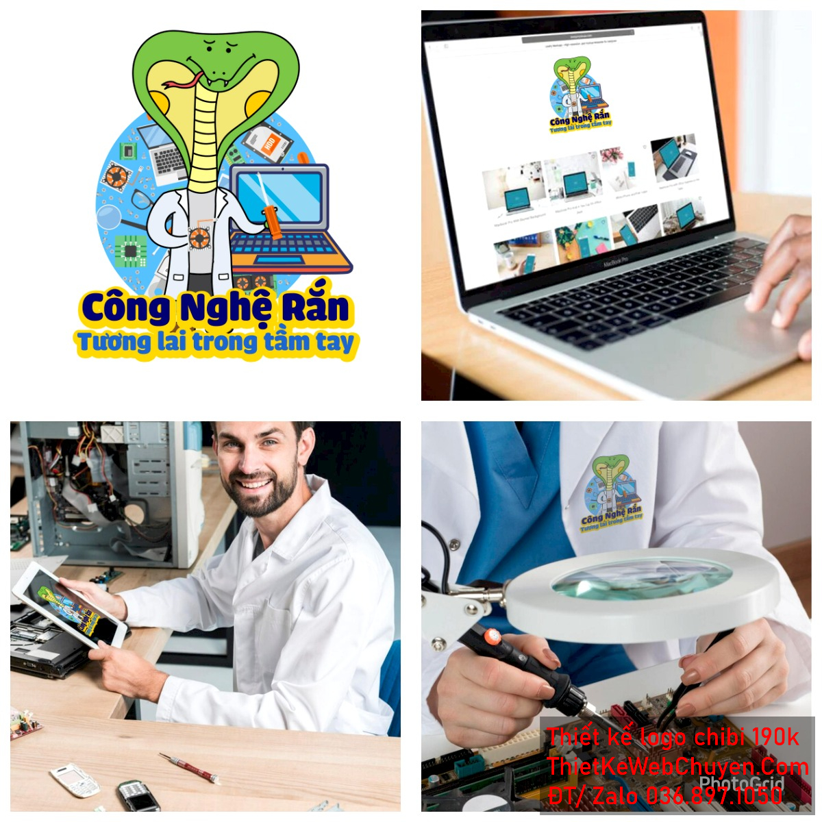 Vẽ chibi chú rắn đầu xanh thân vàng đang thí nghiệm công nghệ để thiết kế logo - Góc nhìn 5