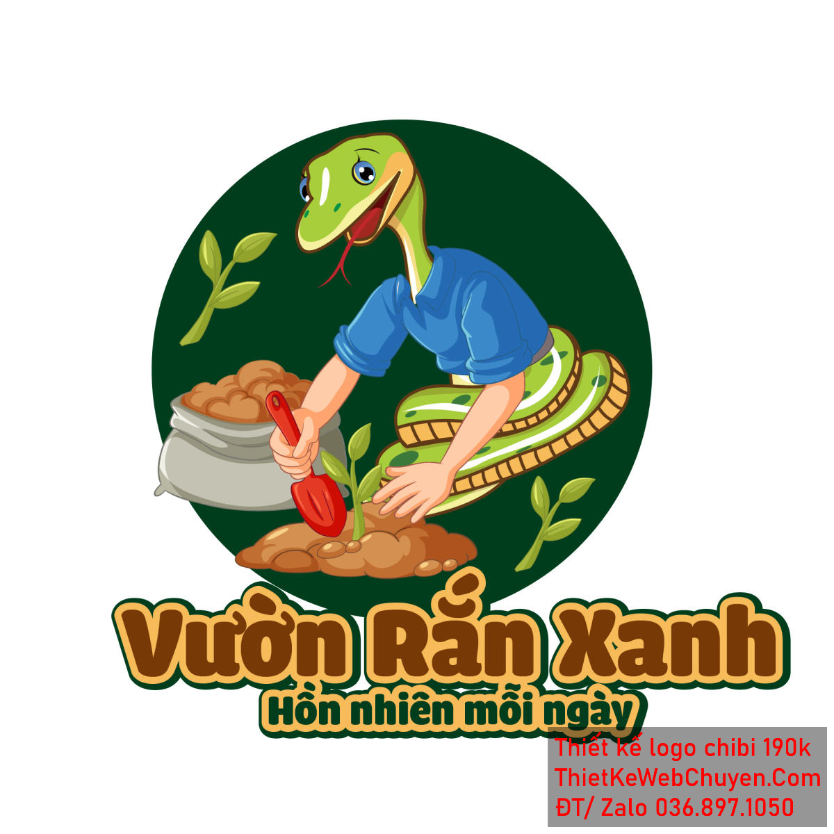 Vẽ chibi chú rắn mặc áo xanh đang trồng cây để thiết kế logo - Góc chính diện