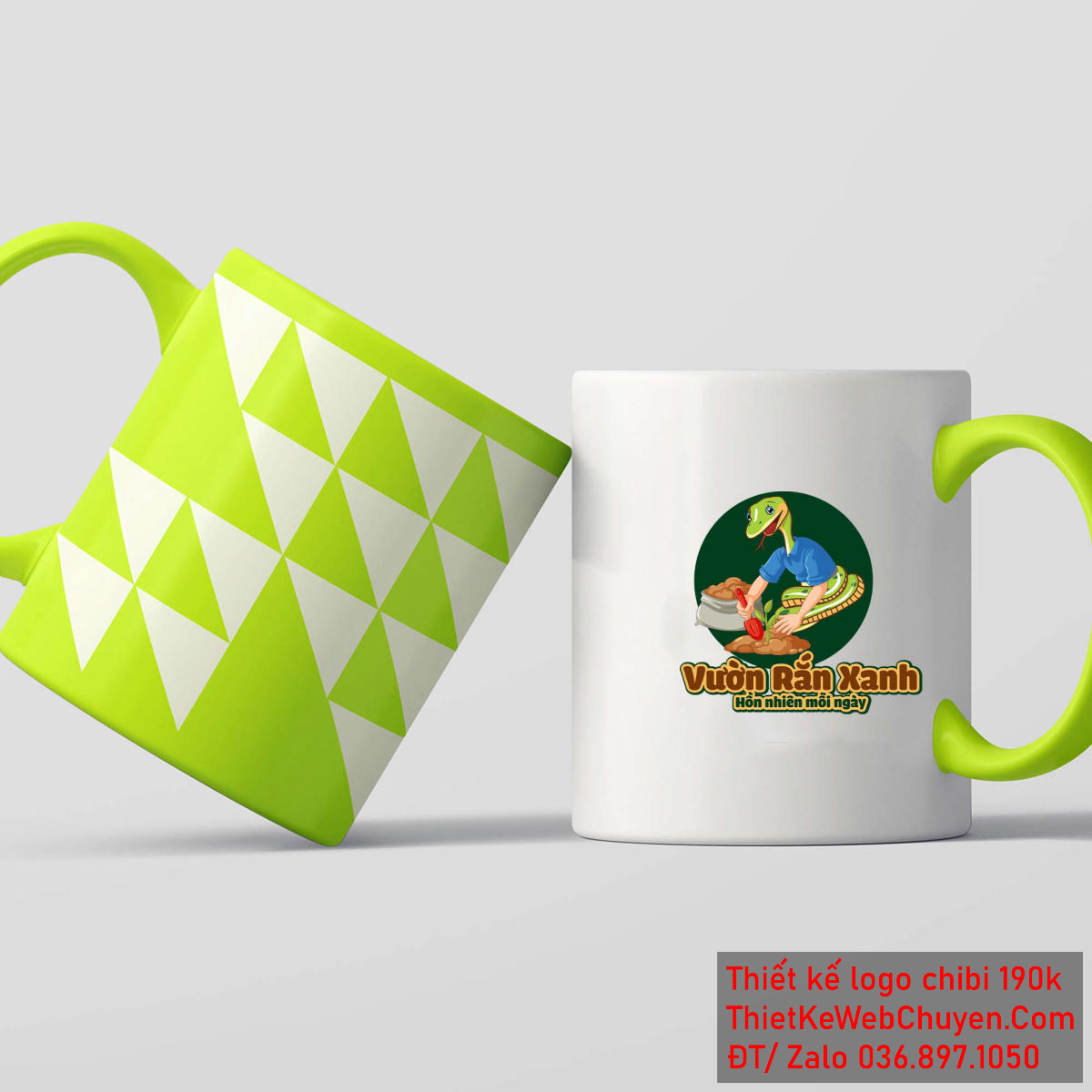 Vẽ chibi chú rắn mặc áo xanh đang trồng cây để thiết kế logo - Phối cảnh nền