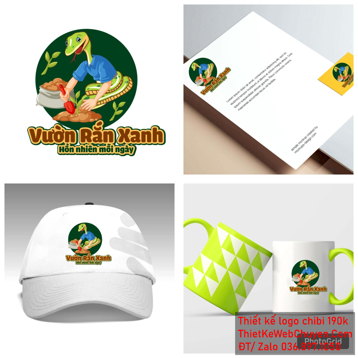 Vẽ chibi chú rắn mặc áo xanh đang trồng cây để thiết kế logo - Tổng thể logo
