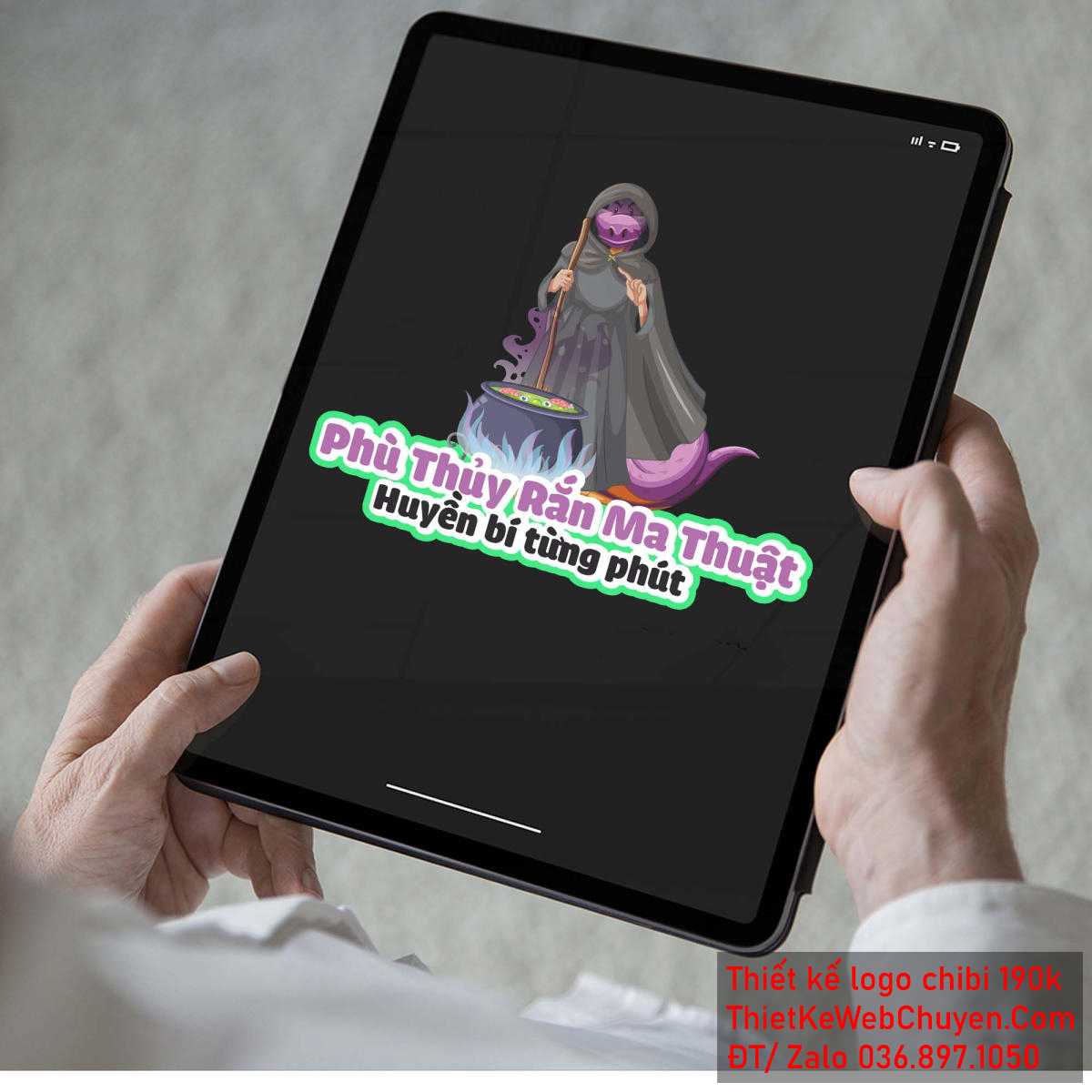 Phối cảnh nồi thuốc trong mẫu vẽ chibi chú rắn tím phù thủy ma thuật để thiết kế logo