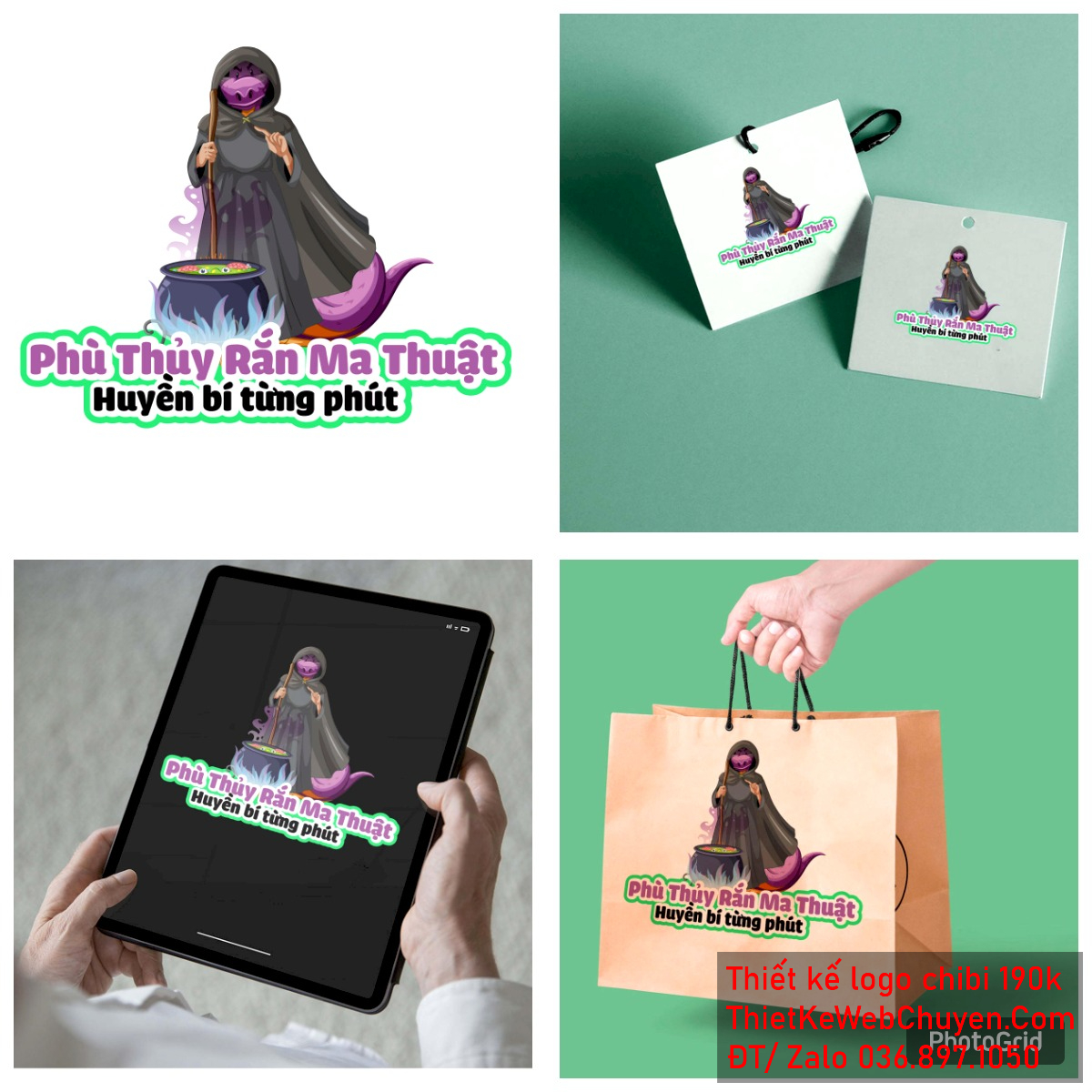 Tổng thể hoàn thiện mẫu vẽ chibi chú rắn tím phù thủy ma thuật để thiết kế logo