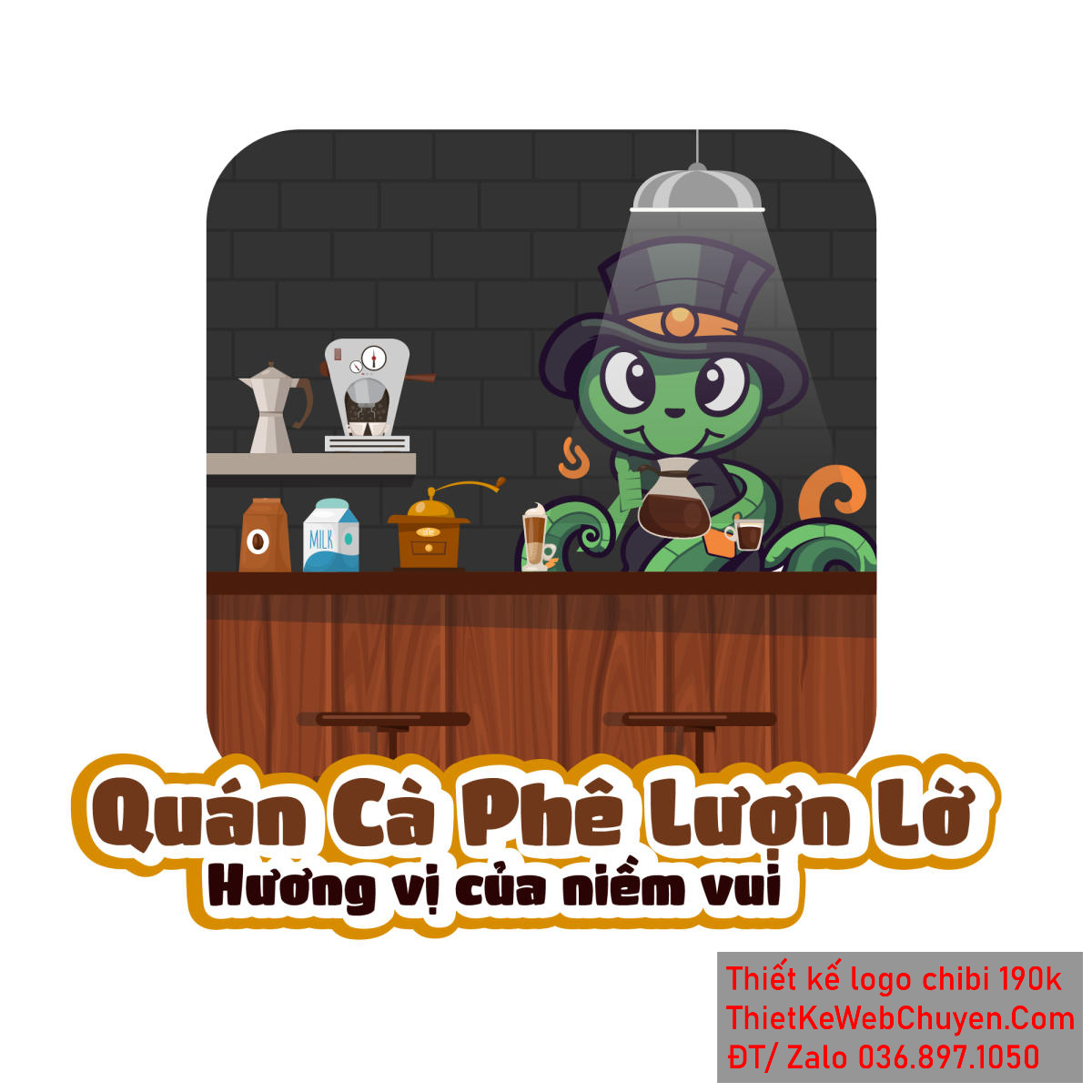 Vẽ chibi chú rắn xanh đội mũ đen đang pha chế trong quán cà phê để thiết kế logo - Hình 1