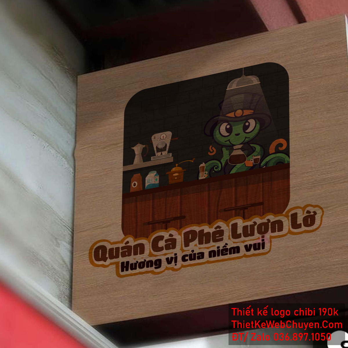 Vẽ chibi chú rắn xanh đội mũ đen đang pha chế trong quán cà phê để thiết kế logo - Hình 2