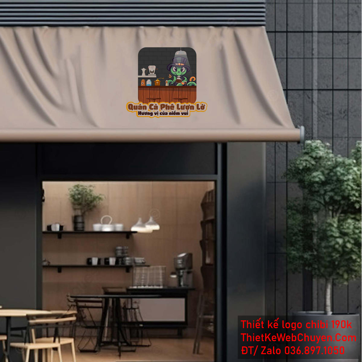 Vẽ chibi chú rắn xanh đội mũ đen đang pha chế trong quán cà phê để thiết kế logo - Hình 3