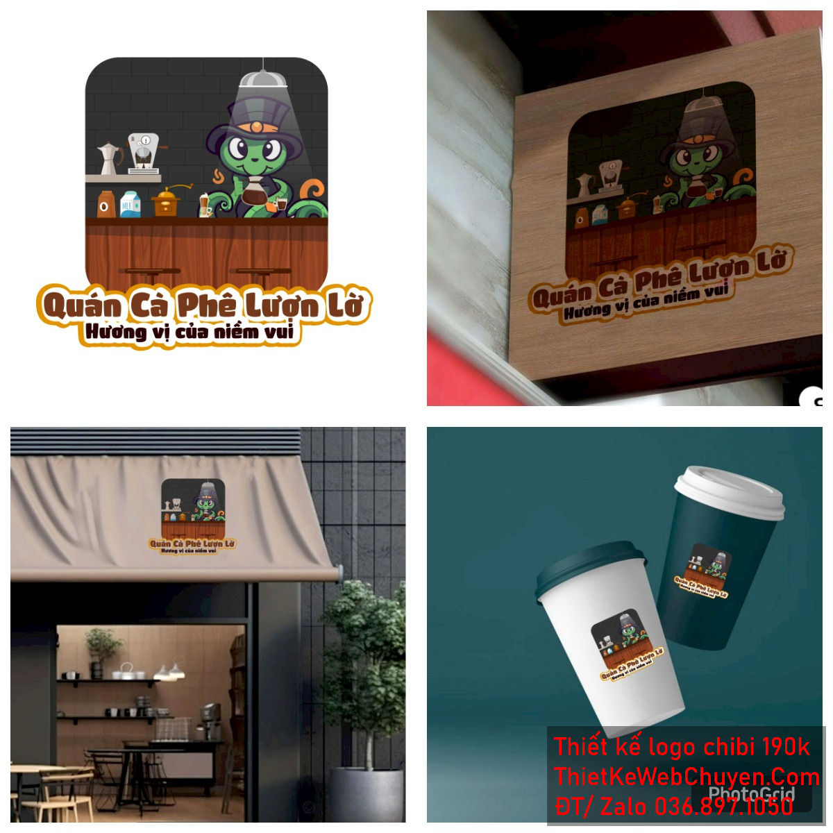 Vẽ chibi chú rắn xanh đội mũ đen đang pha chế trong quán cà phê để thiết kế logo - Hình 5