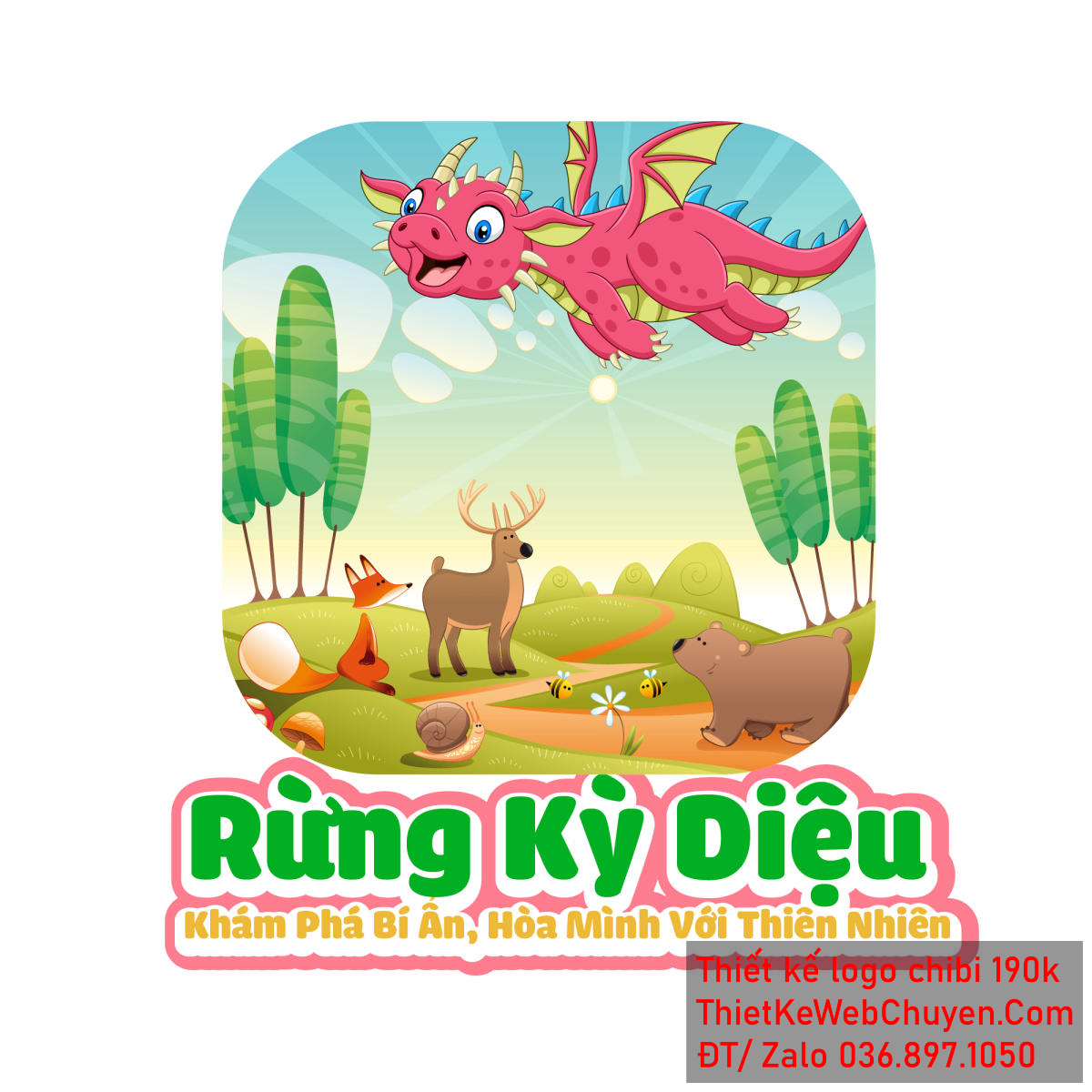 Vẽ chibi chú rồng con màu hồng đang bay trên khu rừng kỳ diệu để thiết kế logo chi tiết