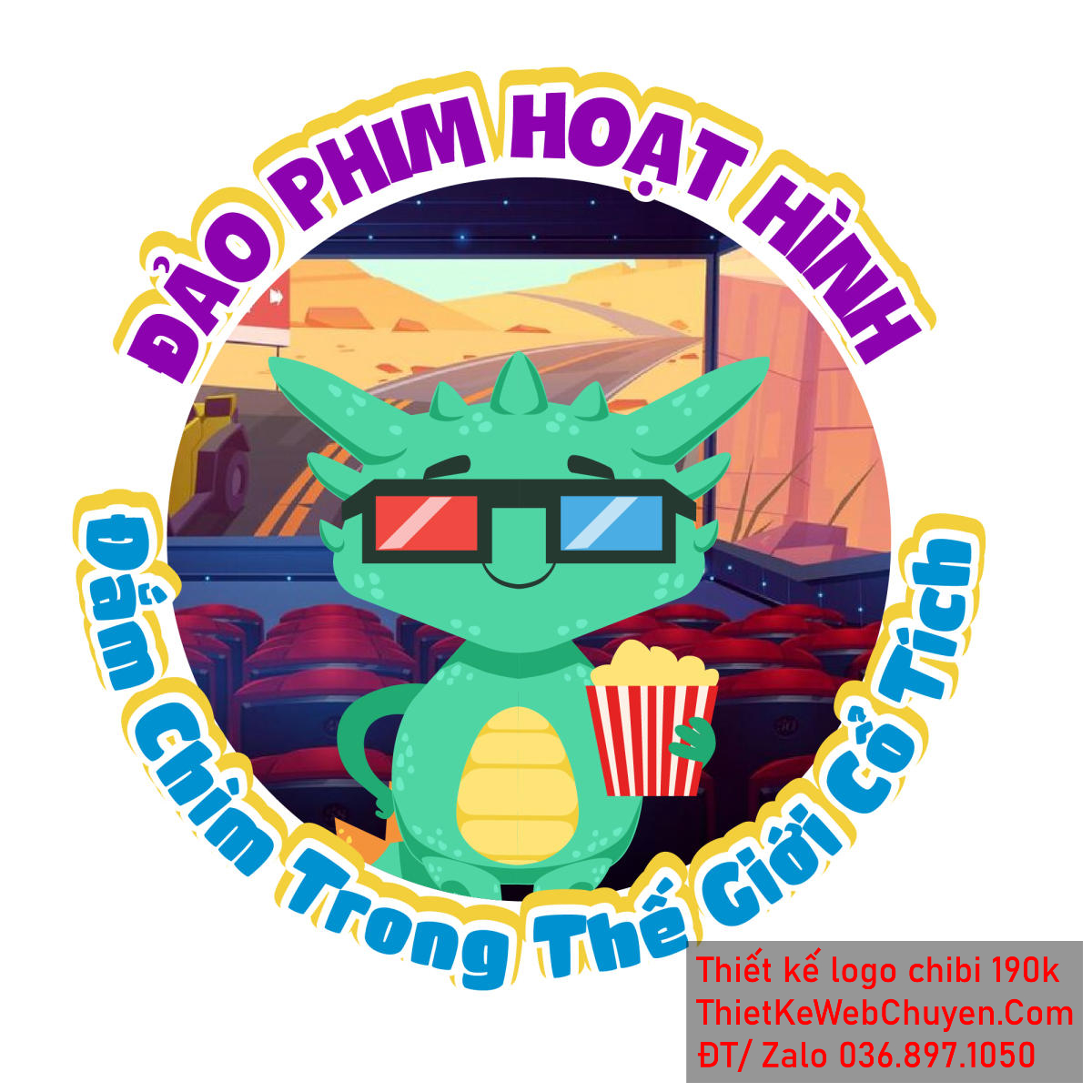 Vẽ chibi chú rồng đeo kính cầm bắp rang bơ trong rạp chiếu phim để thiết kế logo hình 1