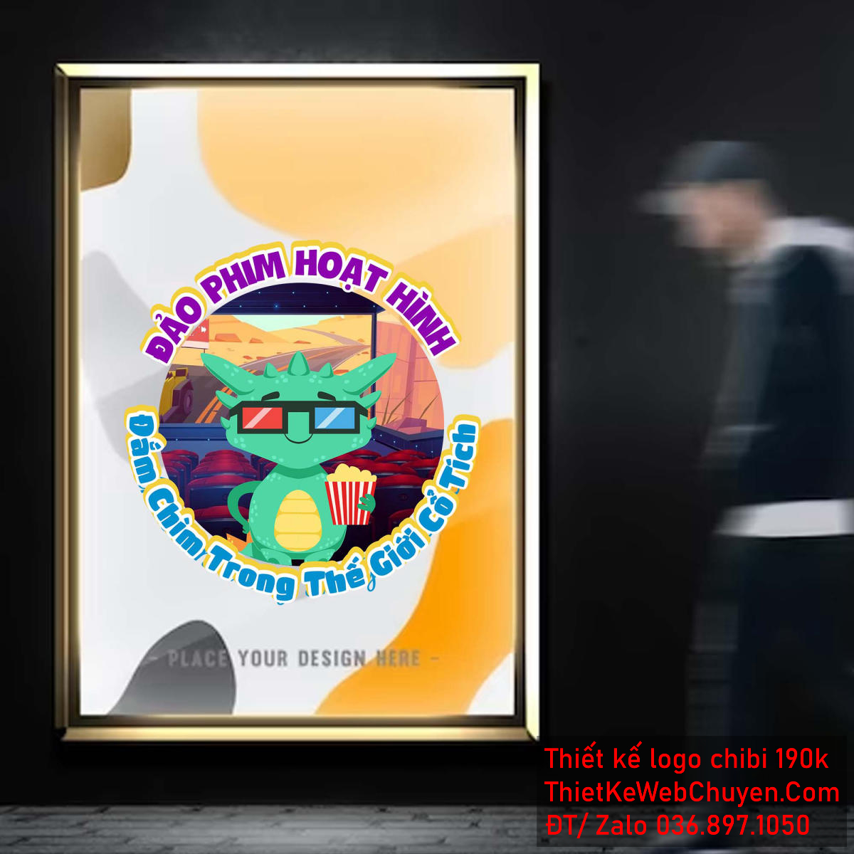 Vẽ chibi chú rồng đeo kính cầm bắp rang bơ trong rạp chiếu phim để thiết kế logo hình 2