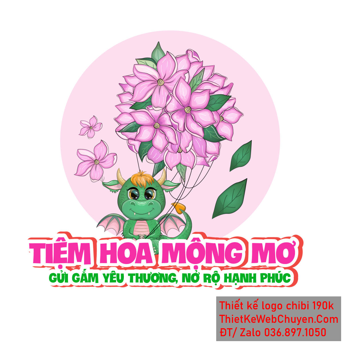 Vẽ chibi chú rồng xanh đang cầm bó hoa tím để thiết kế logo 1