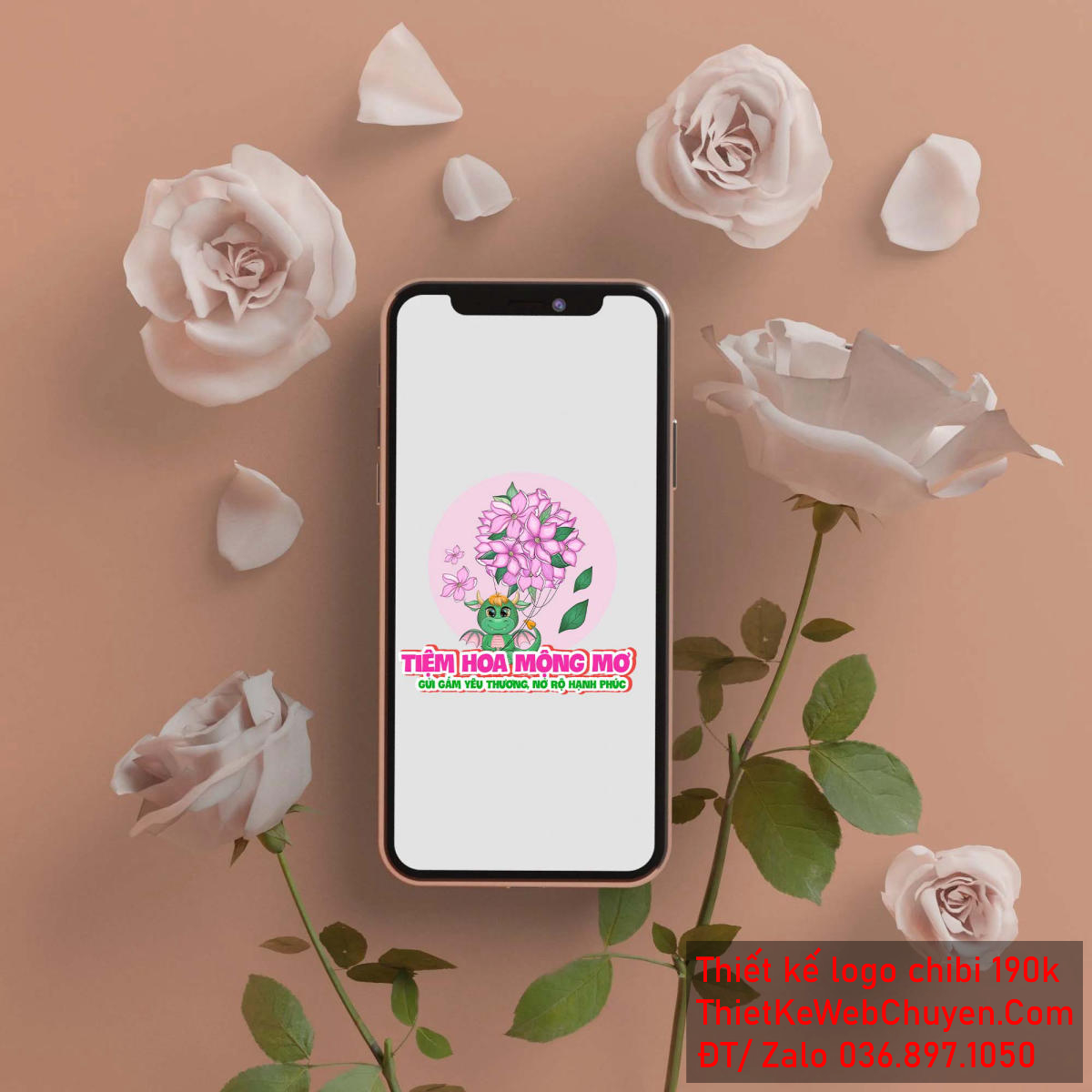 Vẽ chibi chú rồng xanh đang cầm bó hoa tím để thiết kế logo 2