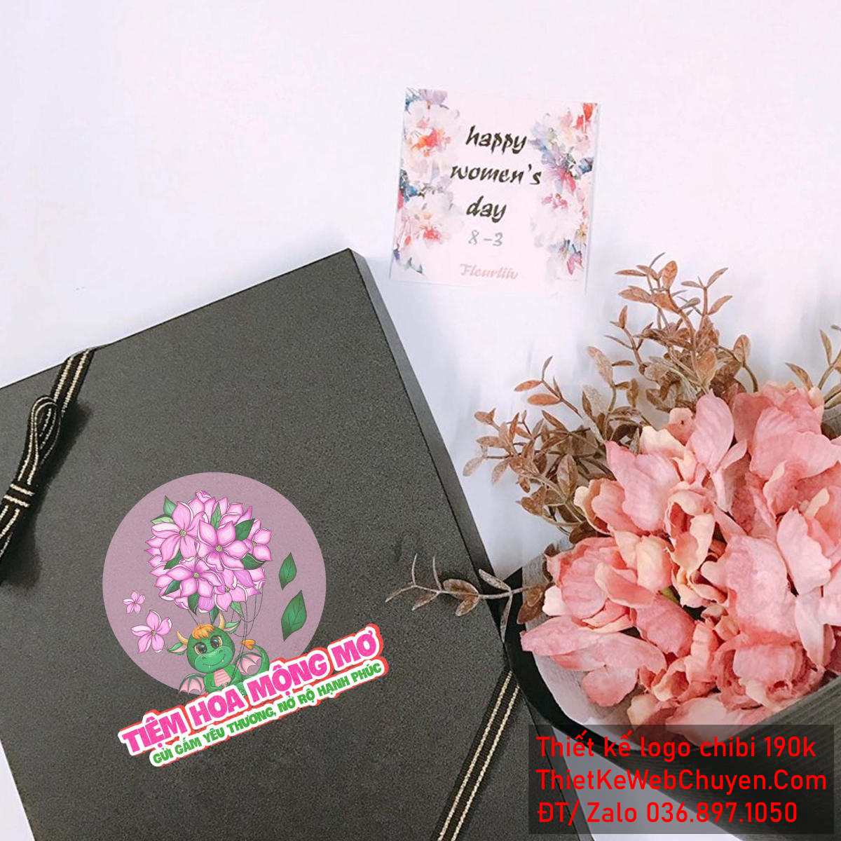 Vẽ chibi chú rồng xanh đang cầm bó hoa tím để thiết kế logo 3