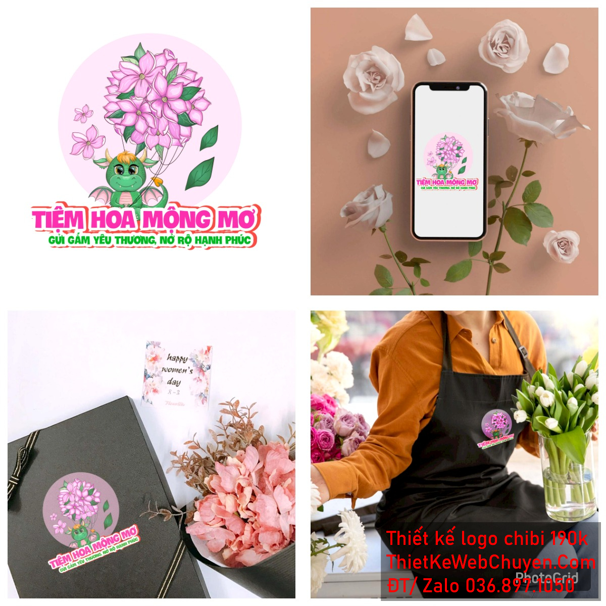 Vẽ chibi chú rồng xanh đang cầm bó hoa tím để thiết kế logo 5