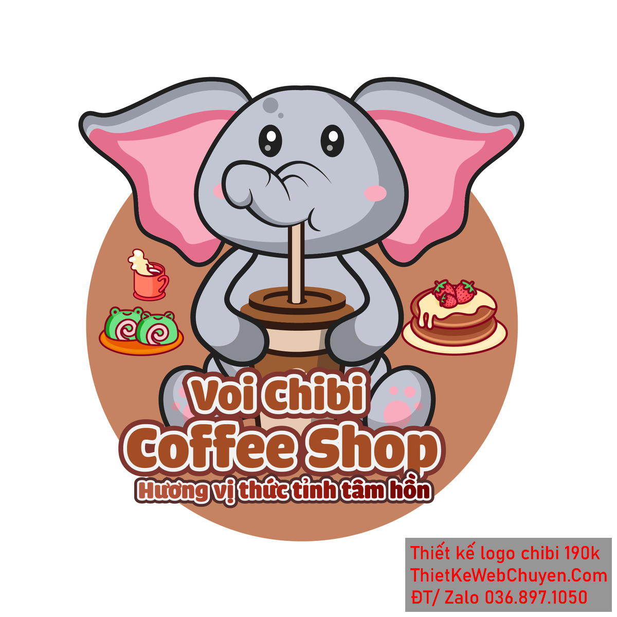 Vẽ chibi chú voi với đôi tai to màu hồng xanh đang ăn vặt vui vẻ để thiết kế logo - Ảnh 1