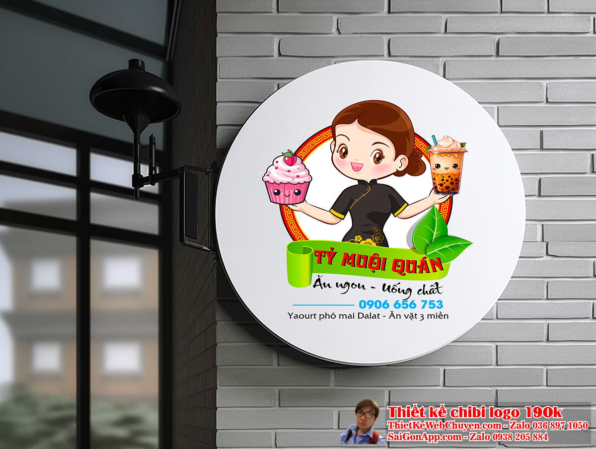 Vẽ chibi cô gái Việt Nam mặc tân thời và đang cầm đồ ăn vặt để thiết kế logo 2