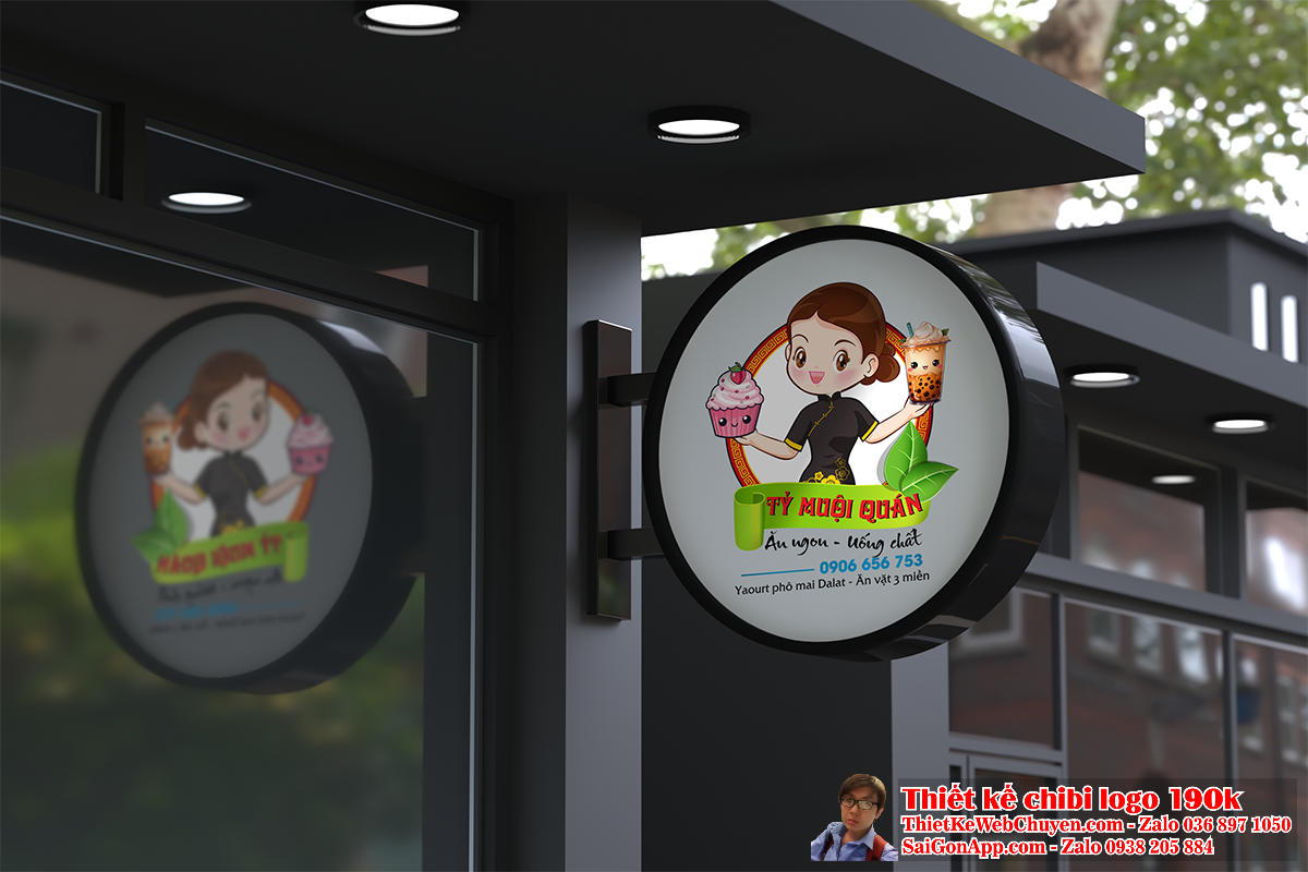 Vẽ chibi cô gái Việt Nam mặc tân thời và đang cầm đồ ăn vặt để thiết kế logo 3