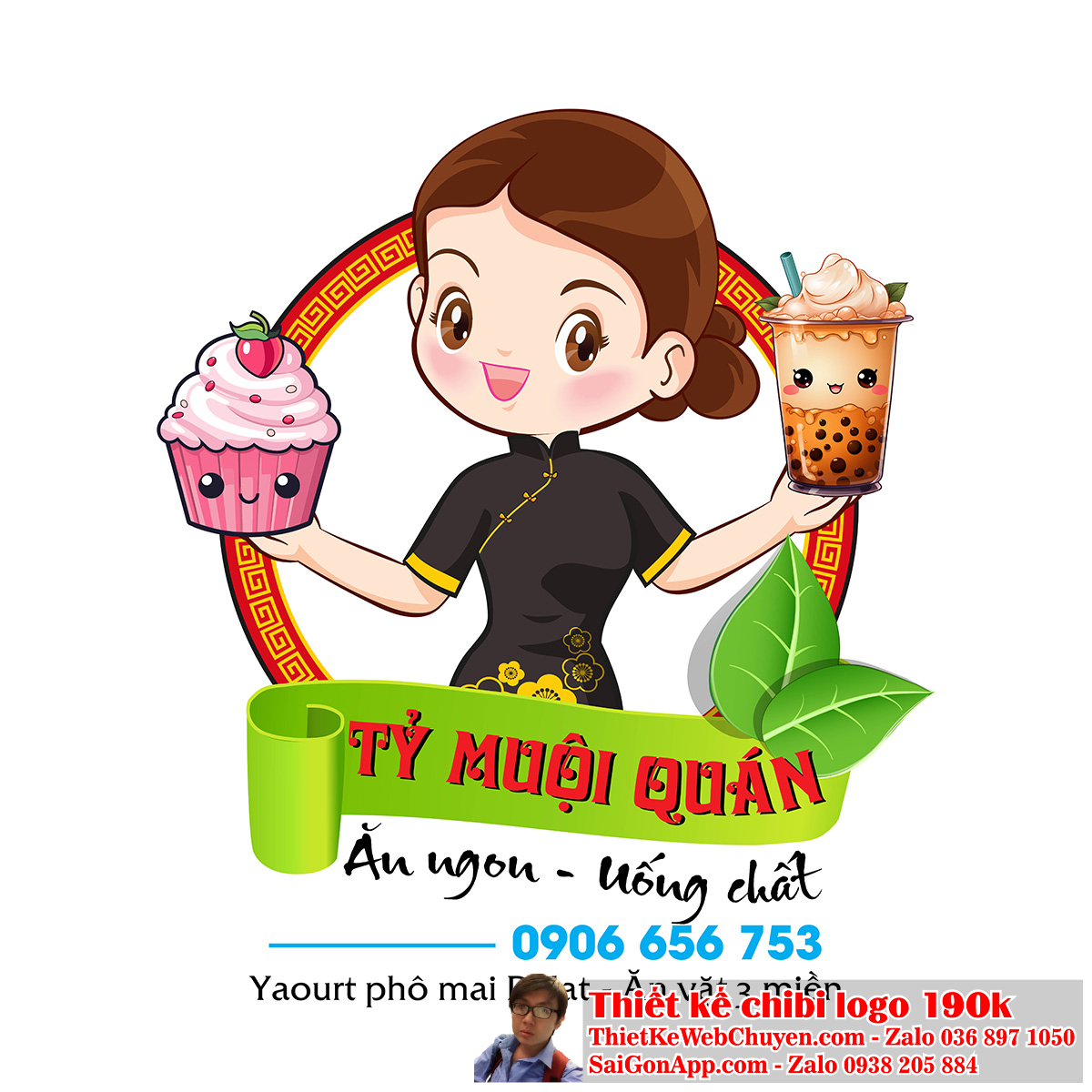 Vẽ chibi cô gái Việt Nam mặc tân thời và đang cầm đồ ăn vặt để thiết kế logo 1