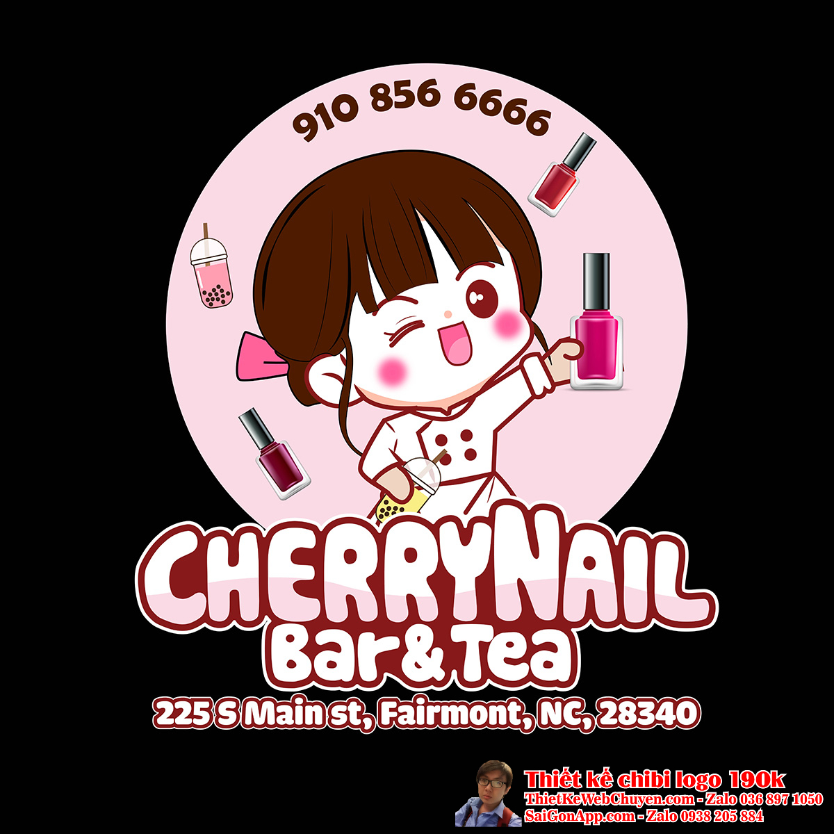 Vẽ chibi cô gái dễ thương bên ly trà sữa và lọ sơn móng tay để thiết kế logo sắc nét