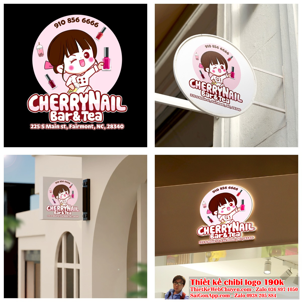 Toàn cảnh vẽ chibi cô gái dễ thương bên ly trà sữa và lọ sơn móng tay để thiết kế logo