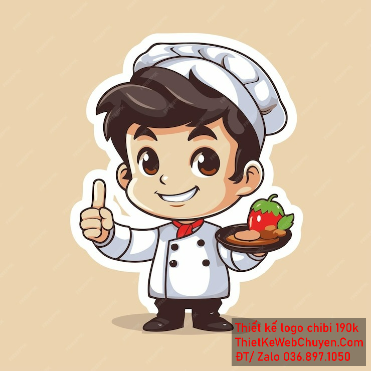 Vẽ chibi đầu bếp bé trai với áo trắng, tóc đen, hành động giơ ngón cái và cầm đĩa bánh dâu, biểu cảm khuôn mặt vui vẻ để thiết kế logo