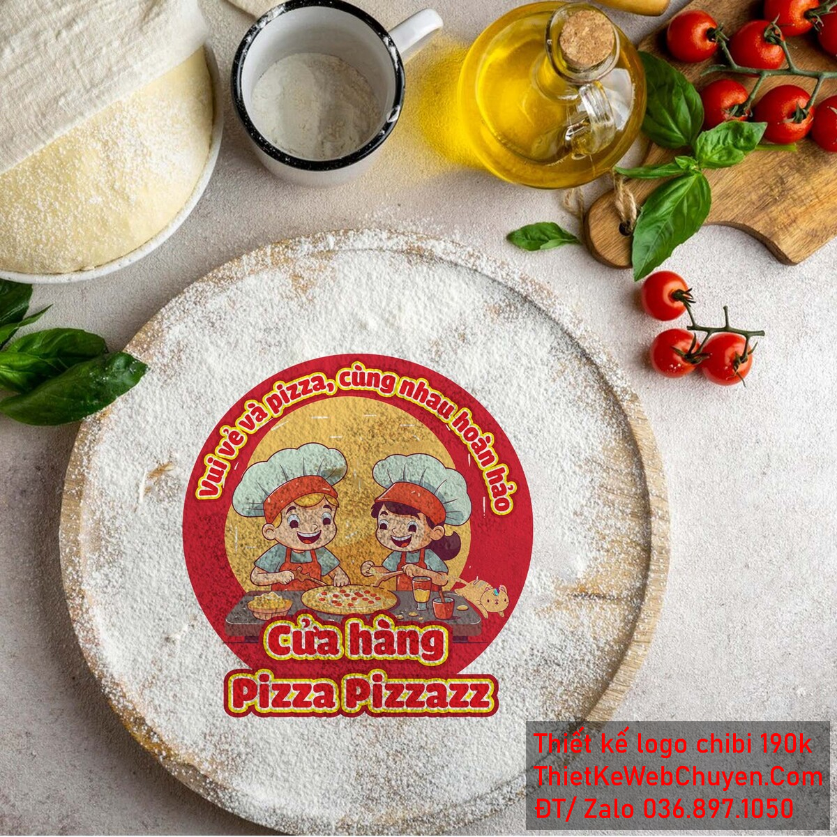 Vẽ chibi đầu bếp nam và đầu bếp nữ đang cùng làm pizza để thiết kế logo mẫu 2