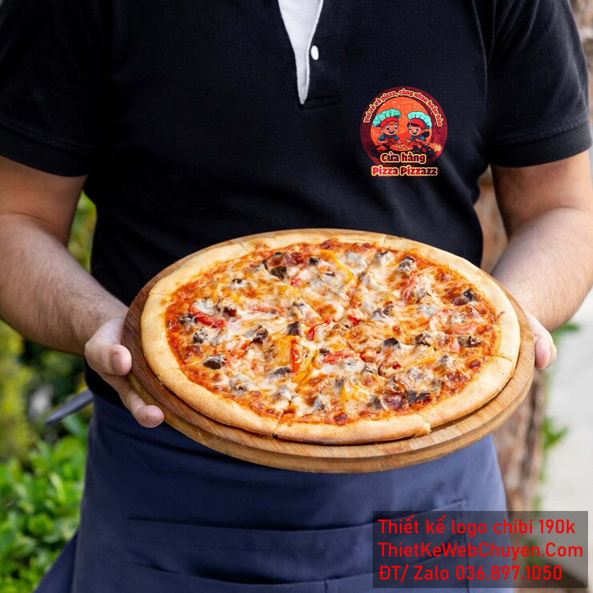 Vẽ chibi đầu bếp nam và đầu bếp nữ đang cùng làm pizza để thiết kế logo mẫu 4