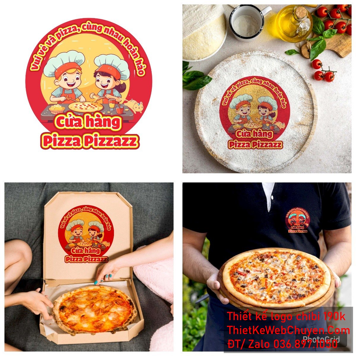 Vẽ chibi đầu bếp nam và đầu bếp nữ đang cùng làm pizza để thiết kế logo mẫu 5