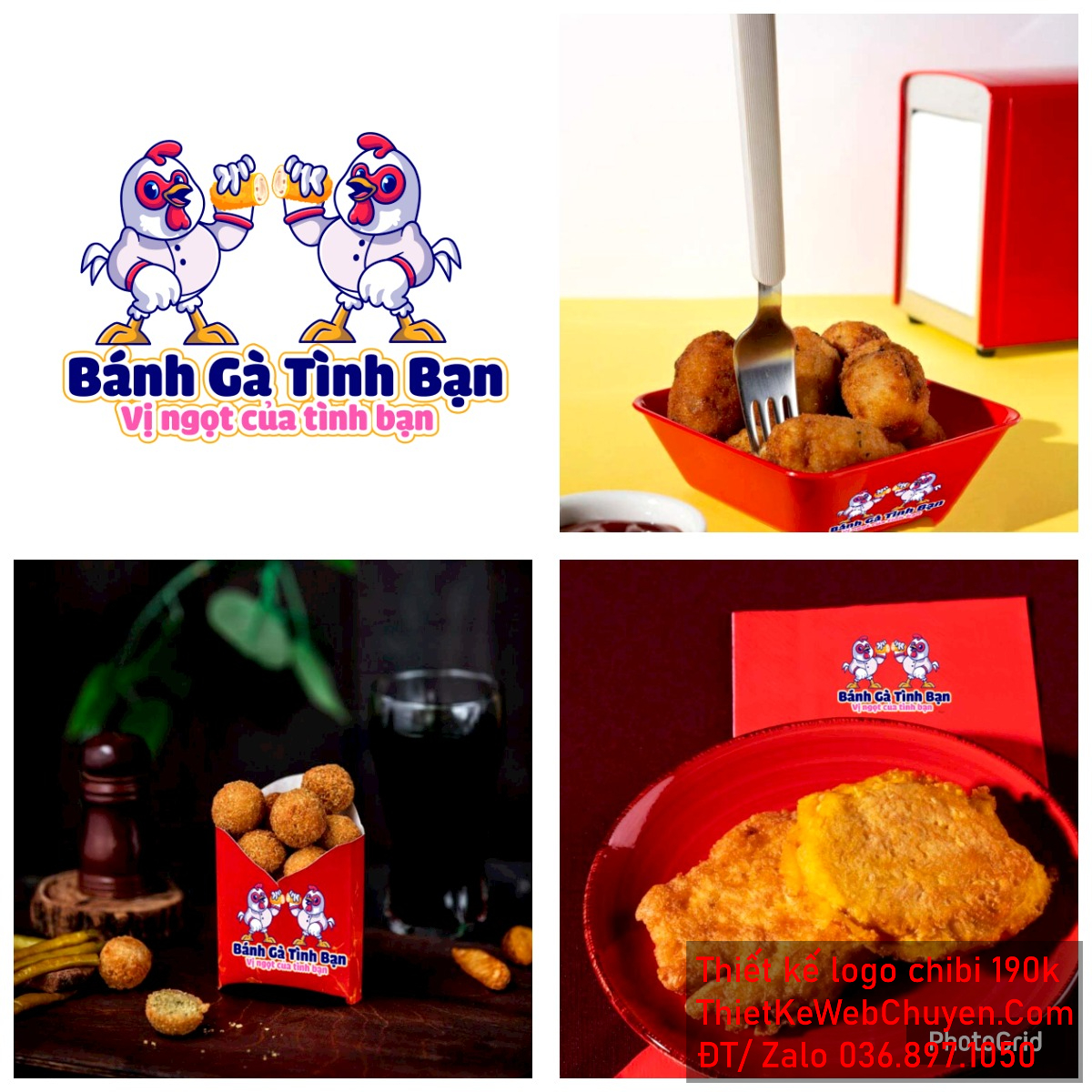 Vẽ chibi hai chú gà tình bàn đang cầm bánh gà chiên cười vui vẻ để thiết kế logo Chi tiết Linh vật gà chibi