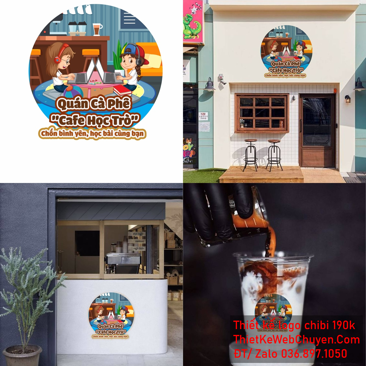 Hoàn thiện logo vẽ chibi hai cô gái đang cùng nhau học tập qua laptop trong quán cà phê để thiết kế logo