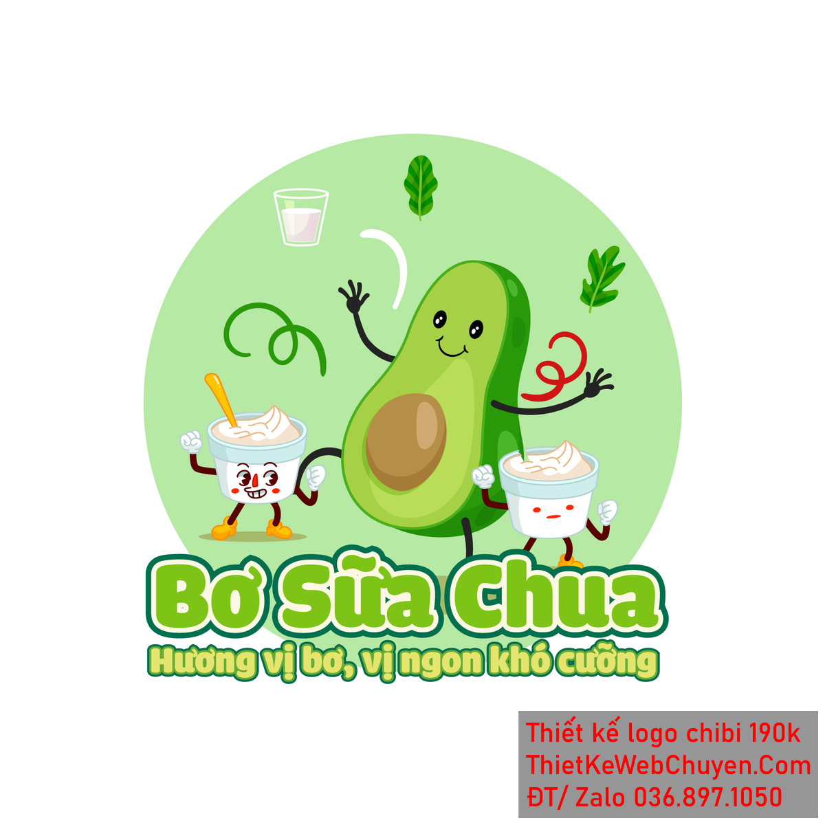Vẽ chibi quả bơ đang cười vui vẻ bên ly sữa chua để thiết kế logo mẫu 1