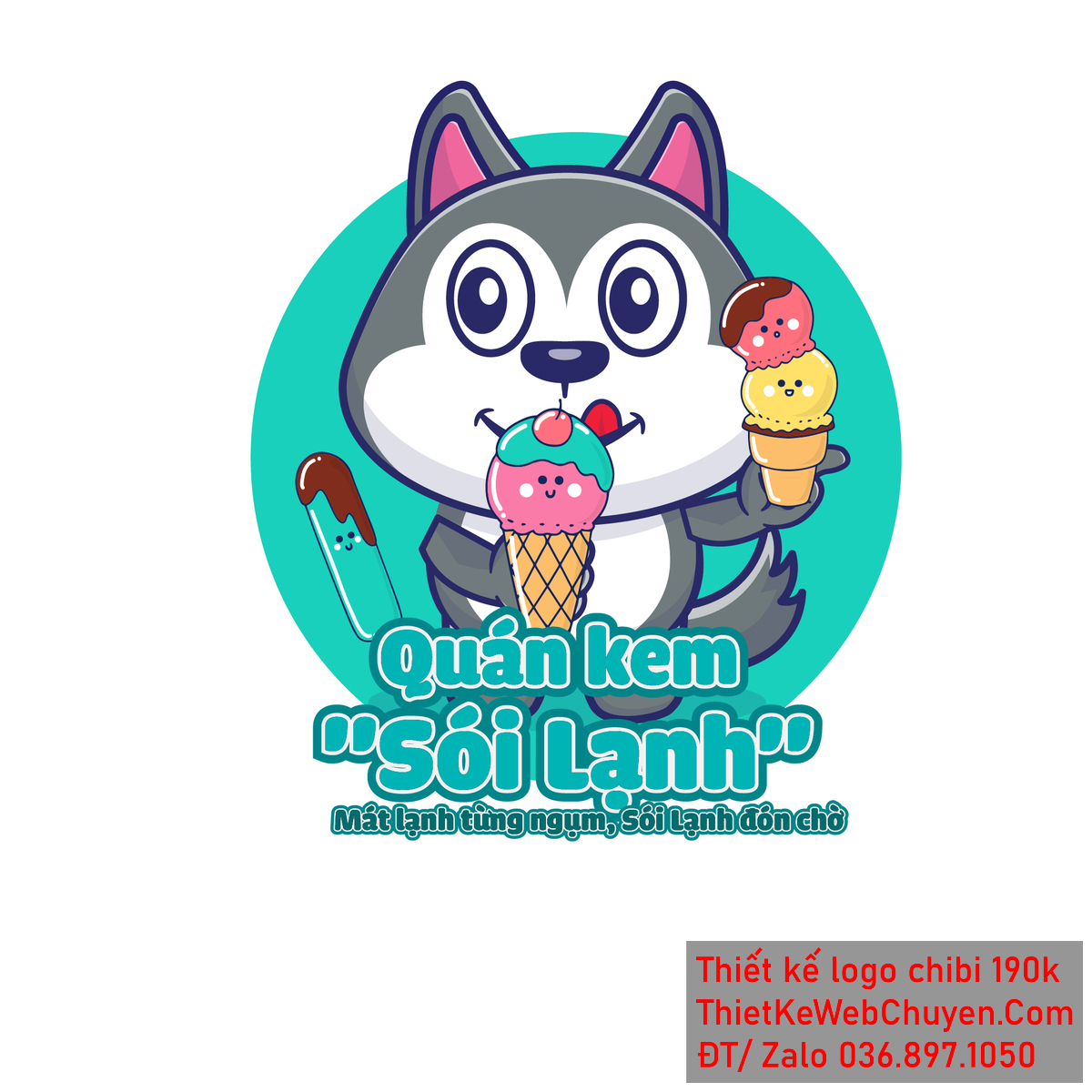 Vẽ chibi sói xám đang ăn kem lạnh vui vẻ để thiết kế logo 1
