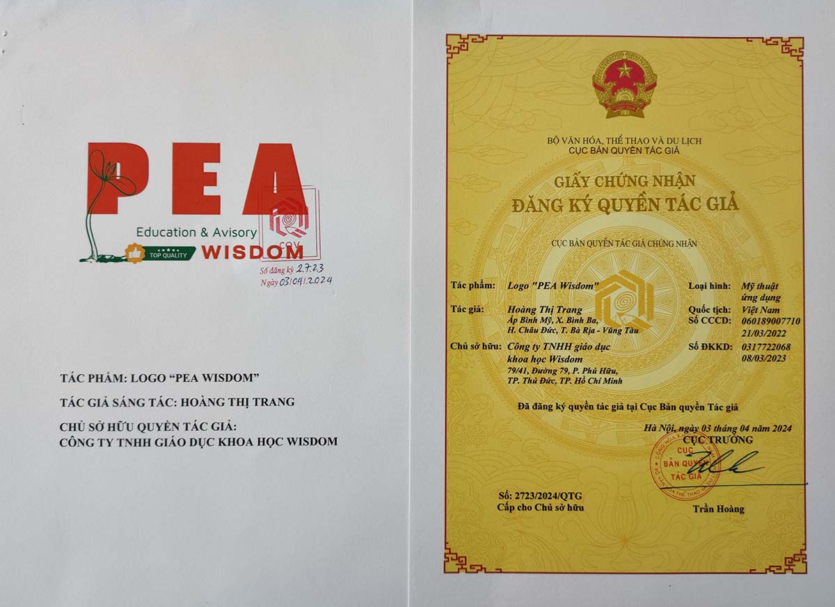 Giấy chứng nhận bản quyền logo trung tâm ngoại ngữ PEA