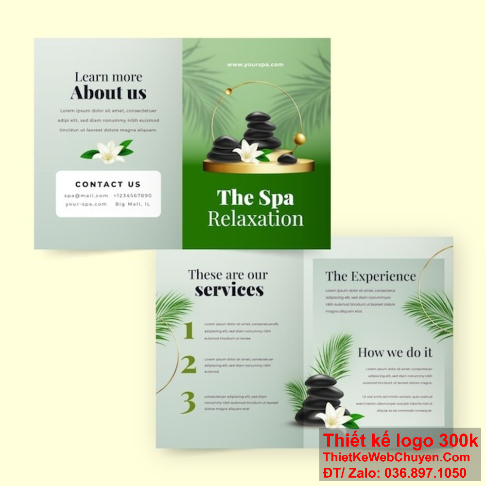 Đội ngũ thiết kế của chúng tôi chuyên nghiệp trong việc tạo brochure Dịch vụ spa và làm đẹp. Thiết kế brochure Dịch vụ spa và làm đẹp của chúng tôi sáng tạo và ấn tượng.