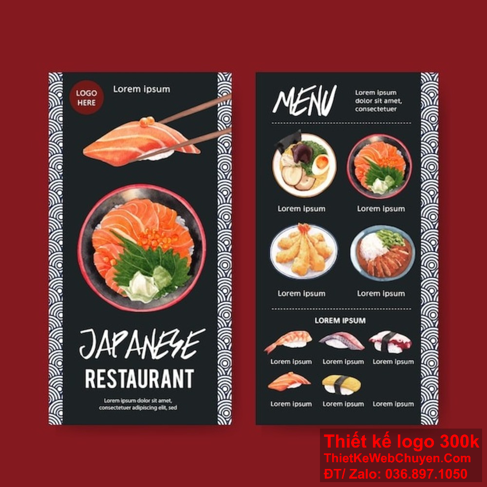Với kinh nghiệm nhiều năm trong lĩnh vực thiết kế menu Nhà hàng ẩm thực Nhật Bản, chúng tôi cam kết mang đến cho bạn một sản phẩm hoàn hảo và chất lượng nhất Thiết kế menu Nhà hàng ẩm thực Nhật Bản đẳng cấp, giúp nhà hàng của bạn nổi bật và thu hút khách hàng ngay từ cái nhìn đầu tiên