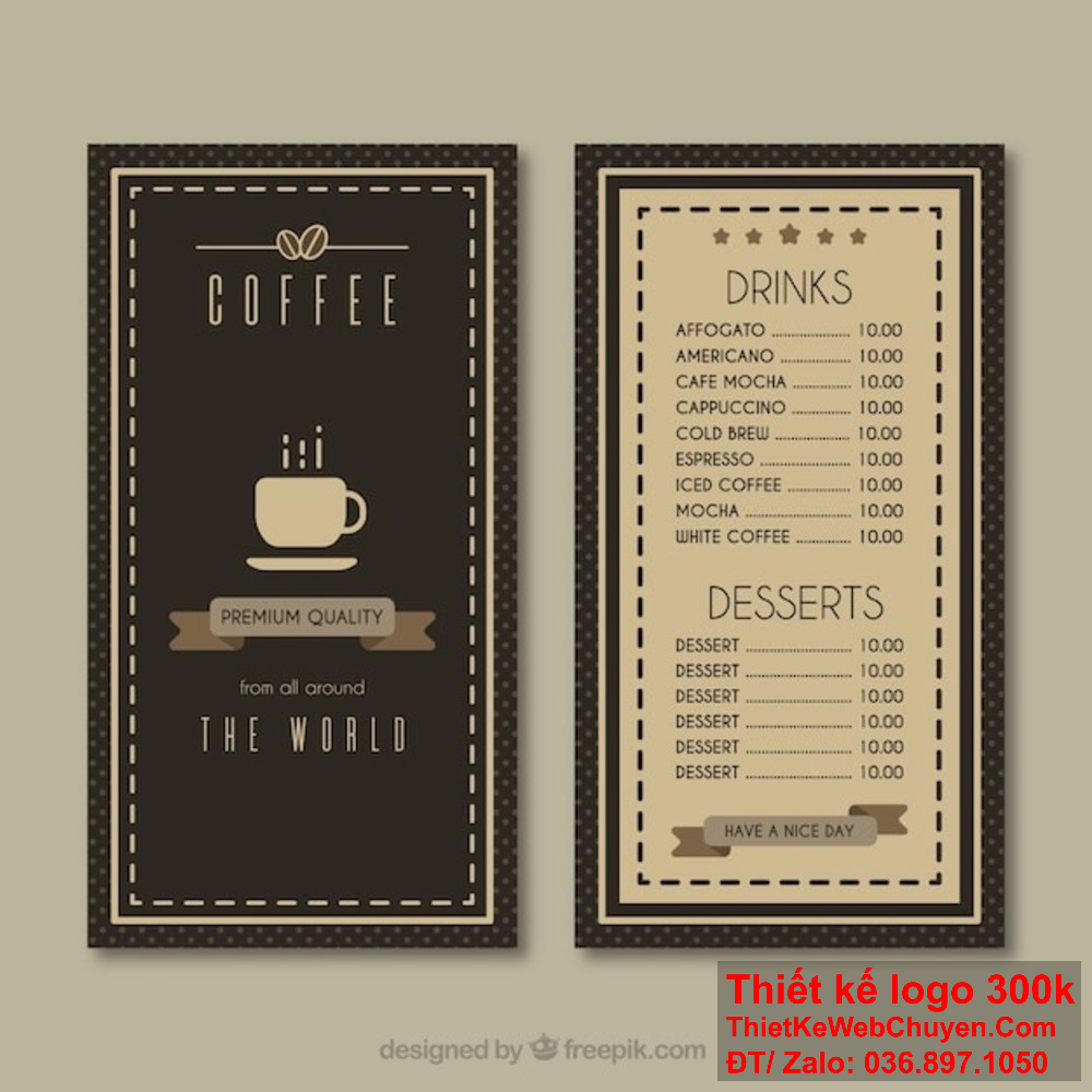 Bạn muốn thiết kế menu Quán cà phê theo phong cách hiện đại? Hãy để chúng tôi biến ý tưởng của bạn thành hiện thực, mang lại diện mạo mới cho quán coffee cafe của bạn Hãy để chúng tôi giúp bạn thiết kế menu Quán cà phê độc đáo, góp phần tạo nên phong cách riêng biệt cho quán coffee cafe của bạn