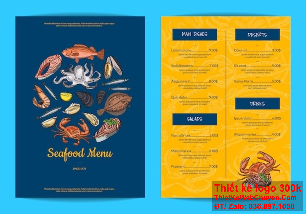 Chúng tôi chuyên thiết kế menu nhà hàng quán ăn hải sản với phong cách độc đáo và thu hút Một thiết kế menu nhà hàng quán ăn hải sản ấn tượng sẽ giúp quán ăn ghi điểm trong mắt thực khách và tạo nên dấu ấn riêng