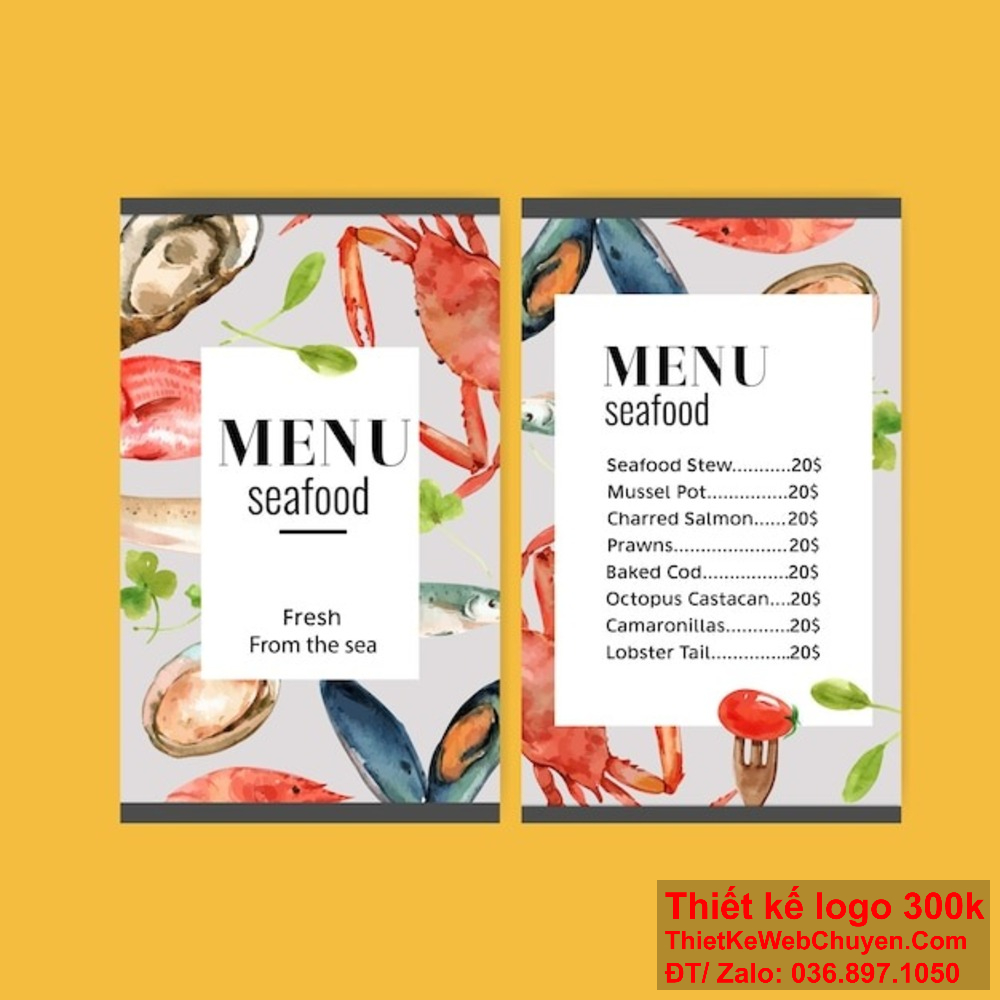 Chúng tôi cung cấp dịch vụ thiết kế menu nhà hàng quán ăn hải sản với những hình ảnh sống động và màu sắc hài hòa Thiết kế menu nhà hàng quán ăn hải sản của chúng tôi sẽ giúp thực khách dễ dàng lựa chọn món ăn yêu thích