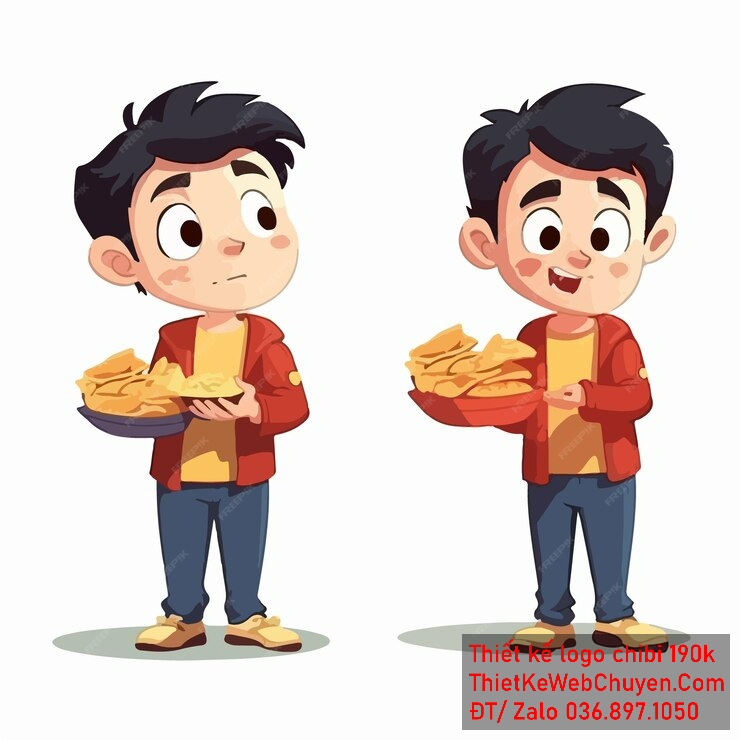 Vẽ chibi ăn vặt bạn nam áo đỏ, tóc đen, cầm đĩa bánh với biểu cảm khác nhau để thiết kế logo Vẽ chibi ăn vặt bạn nam áo đỏ, tóc đen, cầm đĩa bánh với biểu cảm khác nhau để thiết kế logo