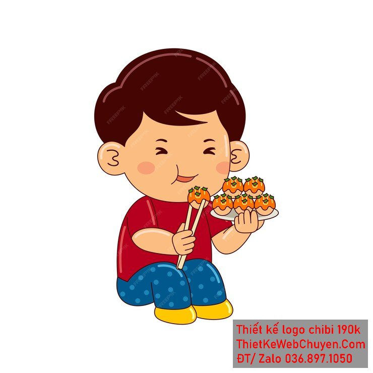 Vẽ chibi ăn vặt bạn nam áo đỏ tóc nâu ngồi ăn sushi với biểu cảm hạnh phúc để thiết kế logo