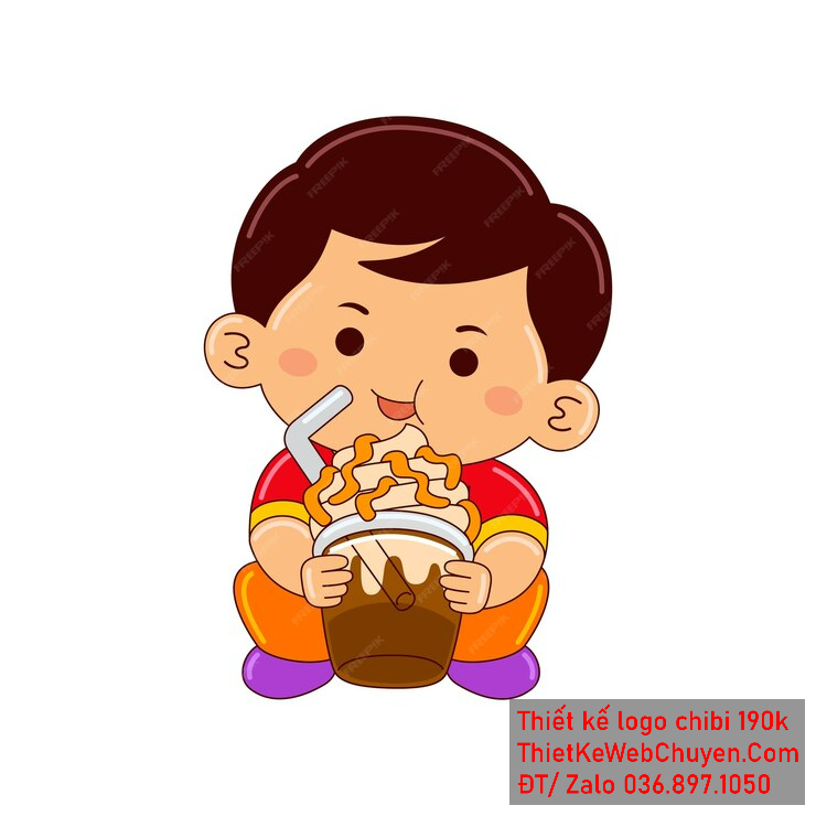 Vẽ chibi ăn vặt bạn nam áo đỏ tóc nâu uống nước giải khát biểu cảm thích thú để thiết kế logo
