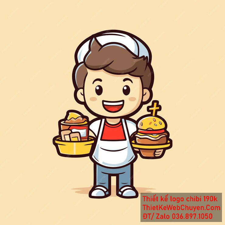 Vẽ chibi ăn vặt bạn nam áo trắng đỏ, tóc nâu, cầm khay thức ăn với biểu cảm vui vẻ để thiết kế logo Vẽ chibi ăn vặt bạn nam áo trắng đỏ tóc nâu cầm khay thức ăn với biểu cảm vui vẻ để thiết kế logo