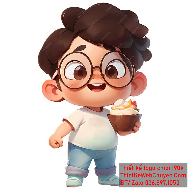 Vẽ chibi ăn vặt bạn nam áo trắng, tóc đen, đeo kính, cầm ly kem với biểu cảm hạnh phúc để thiết kế logo