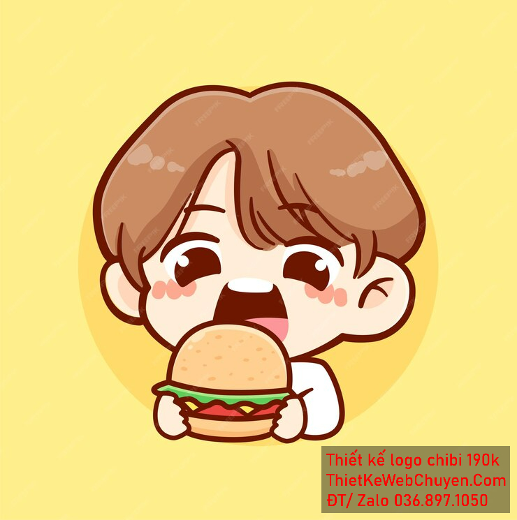 Vẽ chibi ăn vặt bạn nam áo trắng, tóc nâu, cầm bánh hamburger với biểu cảm dễ thương để thiết kế logo Vẽ chibi ăn vặt bạn nam áo trắng, tóc nâu, cầm bánh hamburger với biểu cảm dễ thương để thiết kế logo