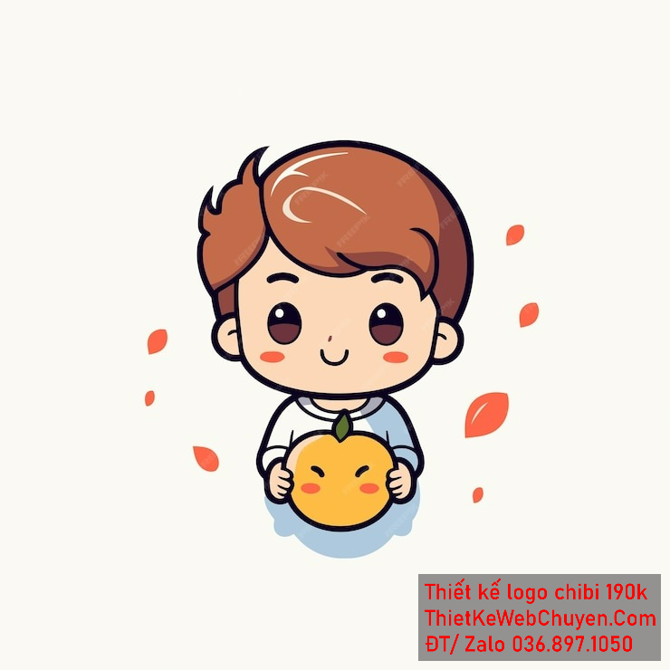 Vẽ chibi ăn vặt bạn nam áo trắng xanh, tóc nâu, cầm trái cam với biểu cảm dễ thương để thiết kế logo