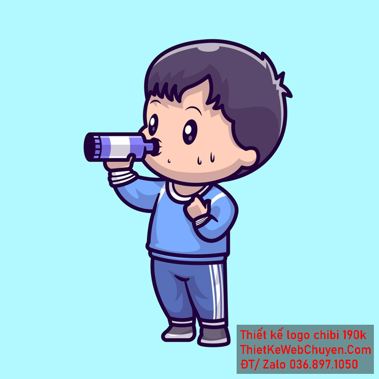 Vẽ chibi ăn vặt bạn nam áo xanh dương tóc đen uống nước biểu cảm mệt mỏi để thiết kế logo