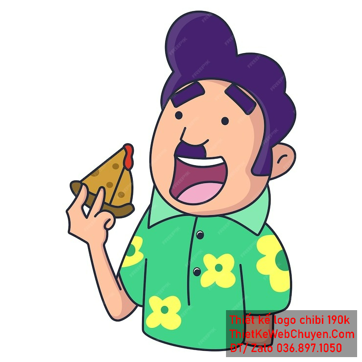Vẽ chibi ăn vặt bạn nam áo xanh lá họa tiết hoa, tóc tím, cầm bánh pizza với biểu cảm vui vẻ để thiết kế logo Vẽ chibi ăn vặt bạn nam áo xanh lá họa tiết hoa, tóc tím, cầm bánh pizza với biểu cảm vui vẻ để thiết kế logo