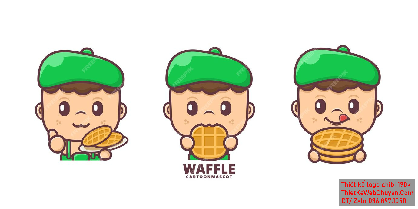 Vẽ chibi ăn vặt bạn nam áo xanh lá, tóc nâu, hành động ăn waffle, biểu cảm dễ thương để thiết kế logo Vẽ chibi ăn vặt bạn nam áo xanh lá, tóc nâu, hành động ăn waffle, biểu cảm dễ thương để thiết kế logo