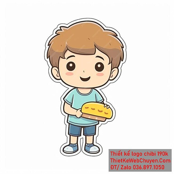 Vẽ chibi ăn vặt bạn nam áo xanh nhạt, tóc nâu, cầm bánh mì, biểu cảm vui vẻ để thiết kế logo Vẽ chibi ăn vặt bạn nam áo xanh nhạt, tóc nâu, cầm bánh mì, biểu cảm vui vẻ để thiết kế logo